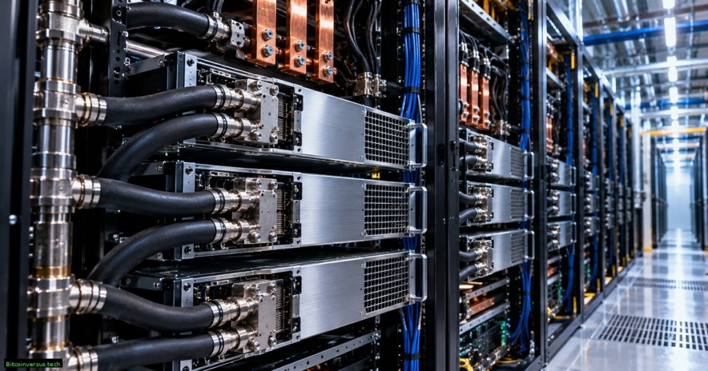 Rows of dense rack-mounted liquid-cooled Bitcoin mining servers with hydro hoses, manifolds, power busbars, and network cabling in a modern data center.