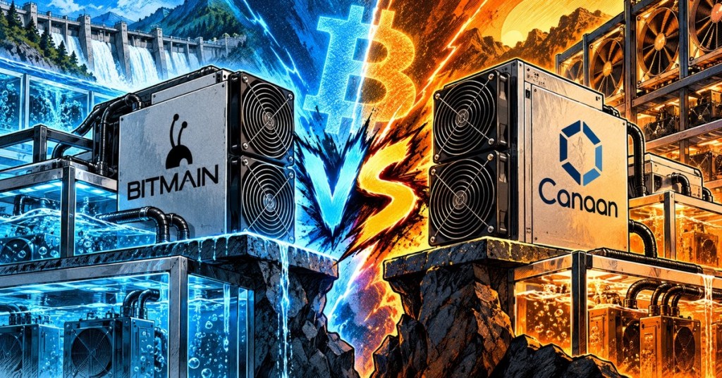 Comic-book colored-pencil artwork showing Bitmain and Canaan Bitcoin mining machines facing off across air, hydro, and immersion cooling environments.