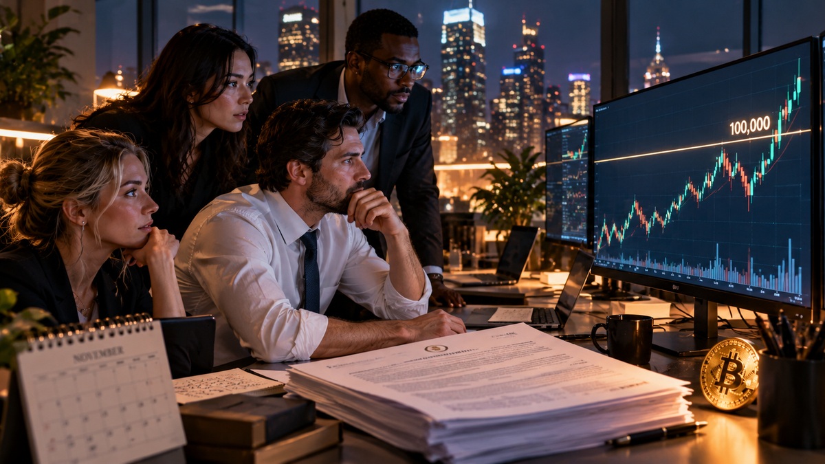 Diverse finance team watches Bitcoin approach the $100,000 level beside regulatory documents and a November calendar.