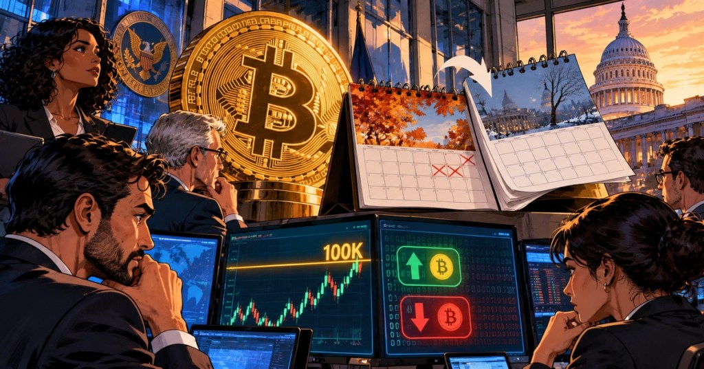 Wordless graphic-novel illustration of Bitcoin traders and regulators watching a $100,000 threshold as a calendar shifts from October to November.