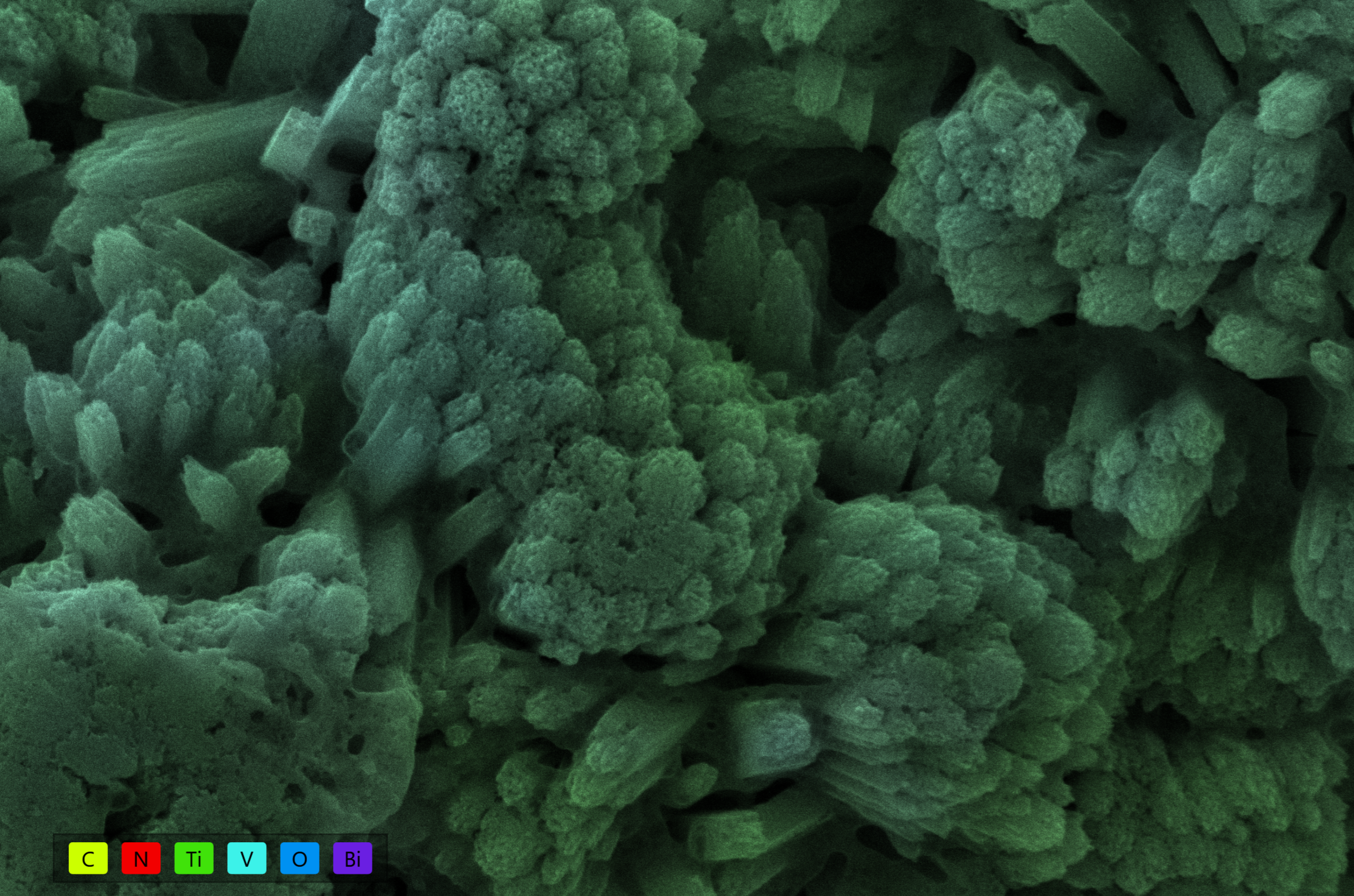 Scanning electron microscope image of a titanium dioxide surface uniformly covered by bismuth vanadate for photoelectrochemical applications.