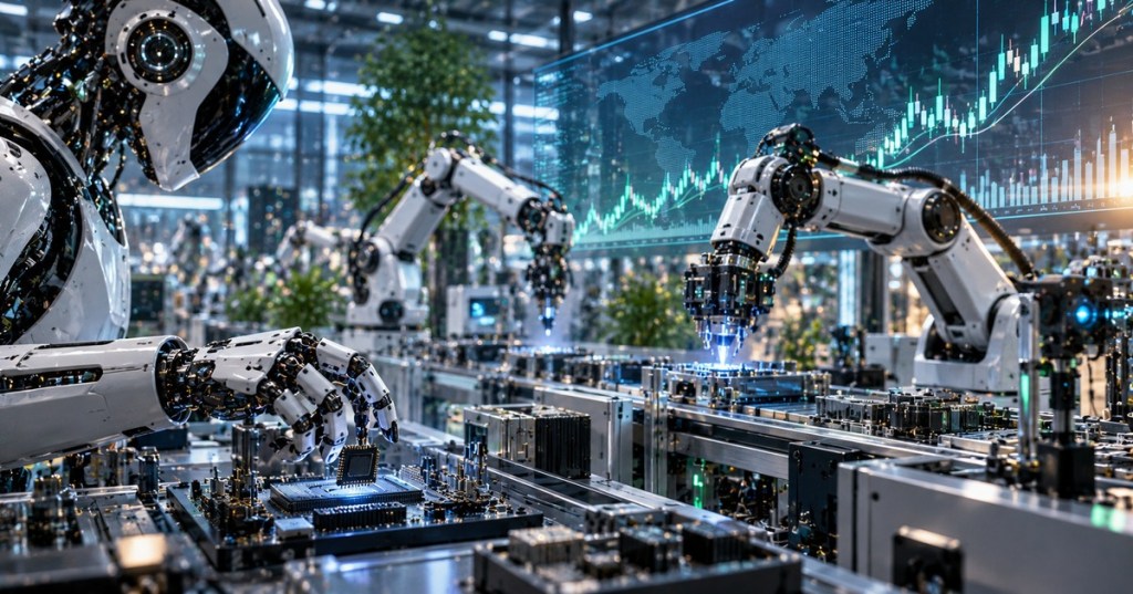 Original illustration of robot arms and industrial automation equipment assembling electronics, with abstract financial data in the background.
