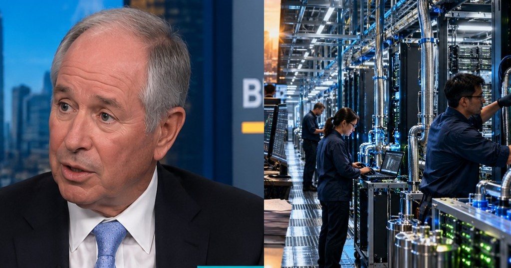 Original wide editorial montage of an interview-style executive portrait and engineers in a dense AI server room, illustrating Blackstone's data center investment discussion.