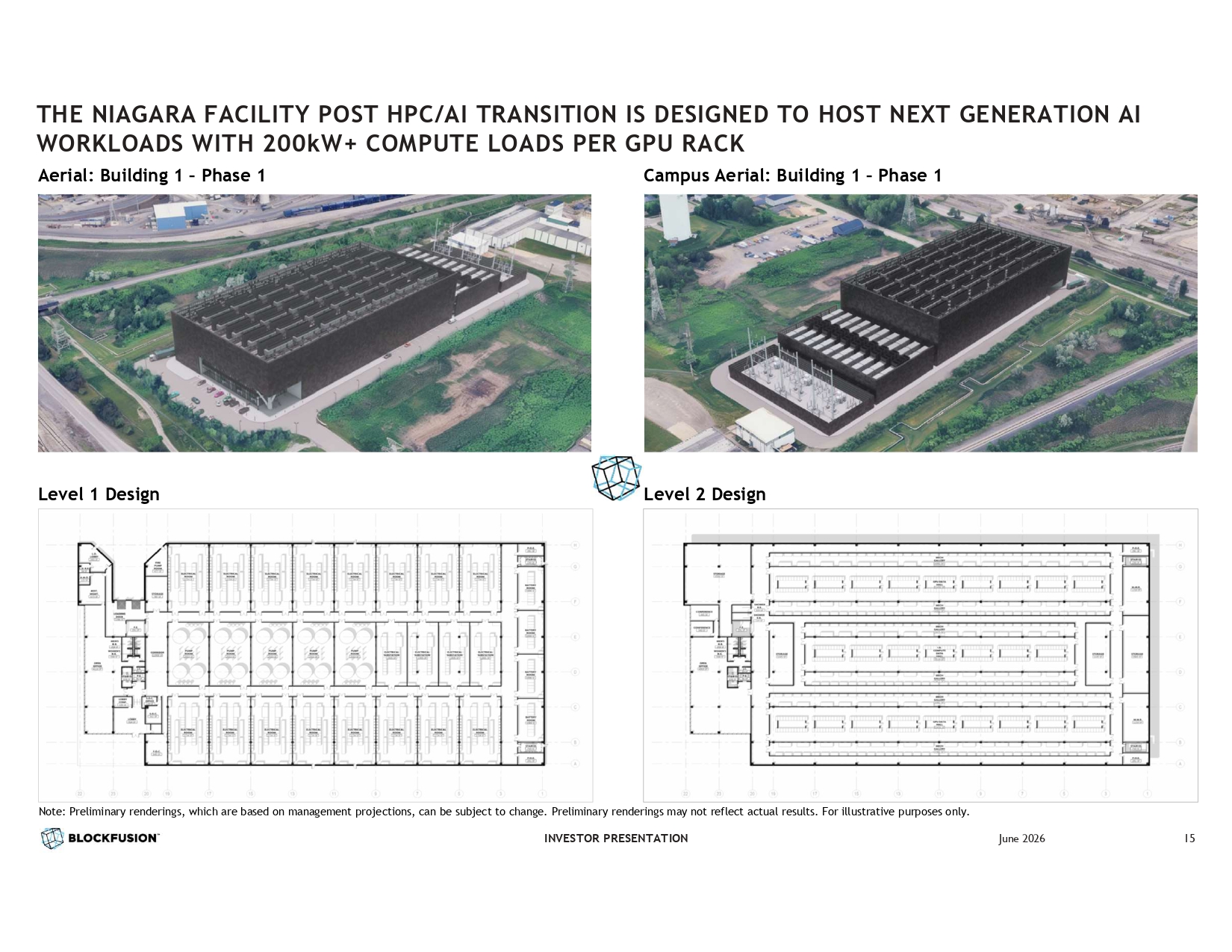 Two proposed Blockfusion Niagara campus aerial views and equipment-floor layouts