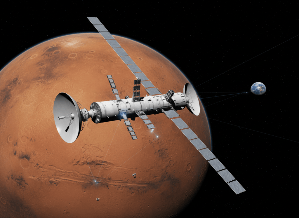 Communications orbiter circling Mars and relaying data between surface explorers and Earth