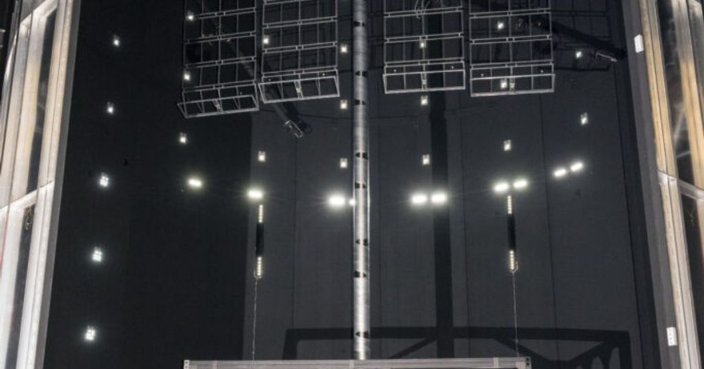 A 20-meter vertical lunar solar array prototype deployed inside NASA Johnson Space Center's Chamber A