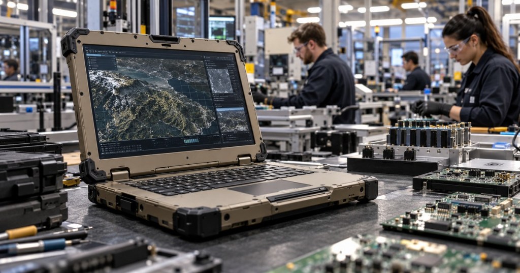 Editorial illustration of a rugged laptop inside an American electronics assembly workshop; conceptual depiction, not a photo of the BlueChip prototype