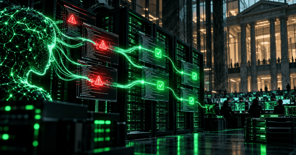 Wordless technical illustration of AI-assisted software vulnerability detection and patching in a large bank technology environment.