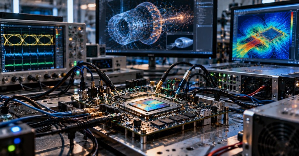 GPU test silicon on a lab validation board with oscilloscopes and simulation screens, representing Bolt Graphics bringing up its Zeus test chip.