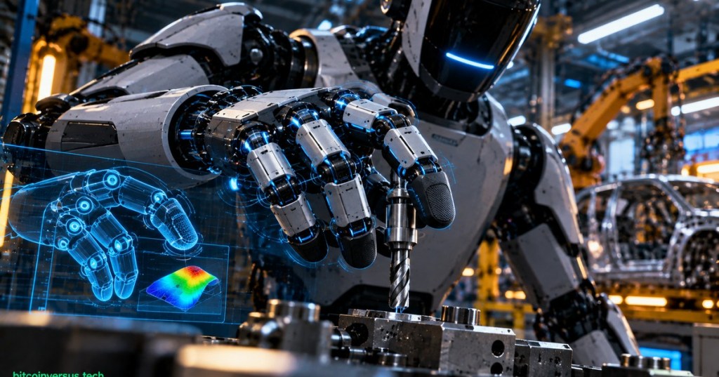 Editorial illustration of an Atlas-style humanoid robot using a dexterous four-finger robotic hand at an industrial workbench.