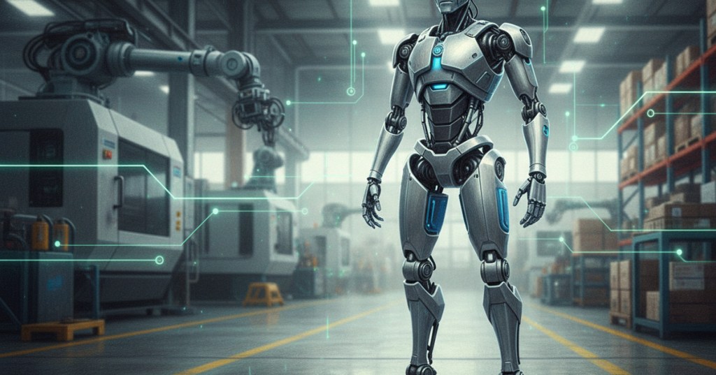 Colored-pencil illustration of an electric humanoid robot on an industrial factory floor.