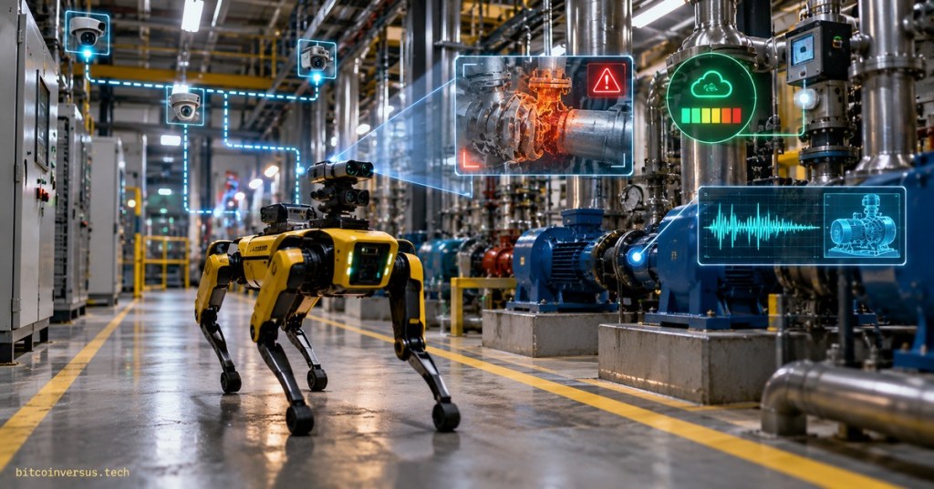 Yellow quadruped inspection robot in a factory aisle with sensors, AI overlays, vibration analysis, gas monitoring and equipment alerts
