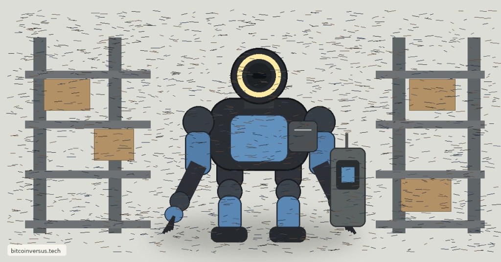 Realistic color-pencil editorial illustration of a Boston Dynamics Atlas-style humanoid robot working in an industrial warehouse beside a battery station.