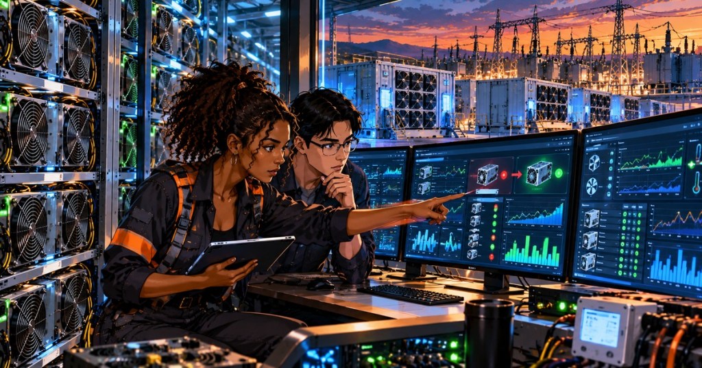 Original anime editorial artwork of two mining operations technicians studying fleet telemetry dashboards beside ASIC racks, with modular Bitcoin mining facilities and electrical substations at dusk. Conceptual illustration, not a real Braiins screenshot.