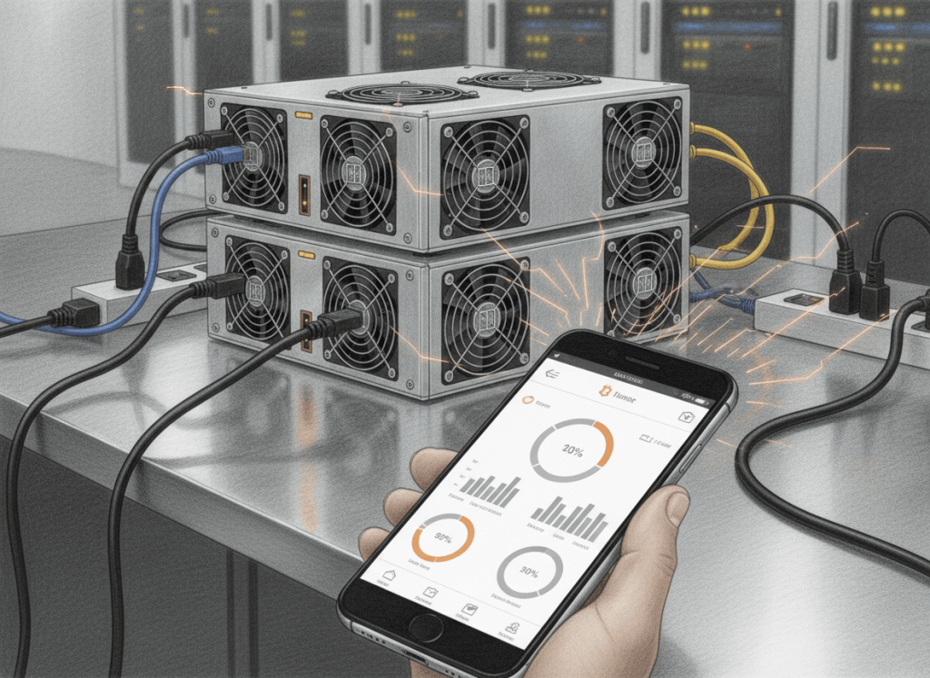 Color-pencil illustration of a smartphone remotely monitoring and controlling Bitcoin mining ASIC hardware.