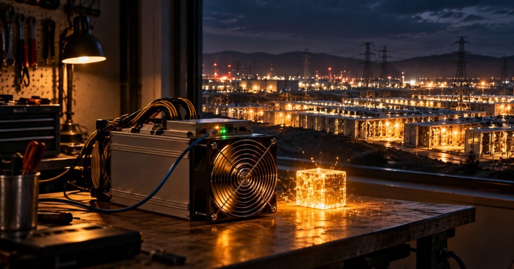 Home Bitcoin ASIC miner beside a glowing block with a large mining facility in the distance, representing Braiins Solo mining block 970904
