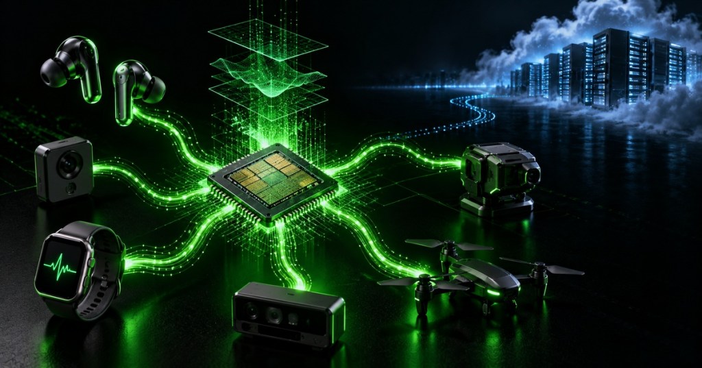 Edge AI processor sending local AI data streams to earbuds, sensors, a smartwatch, camera and drone while a distant cloud data center remains in the background.