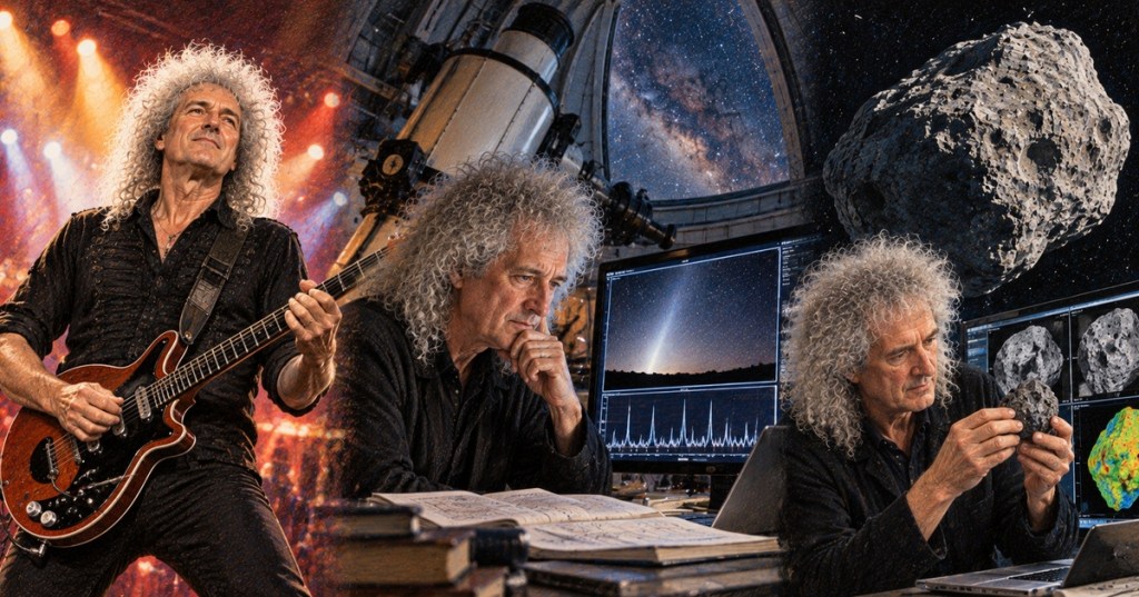 Illustrated career portrait of Brian May as a rock guitarist, astrophysicist, and asteroid researcher