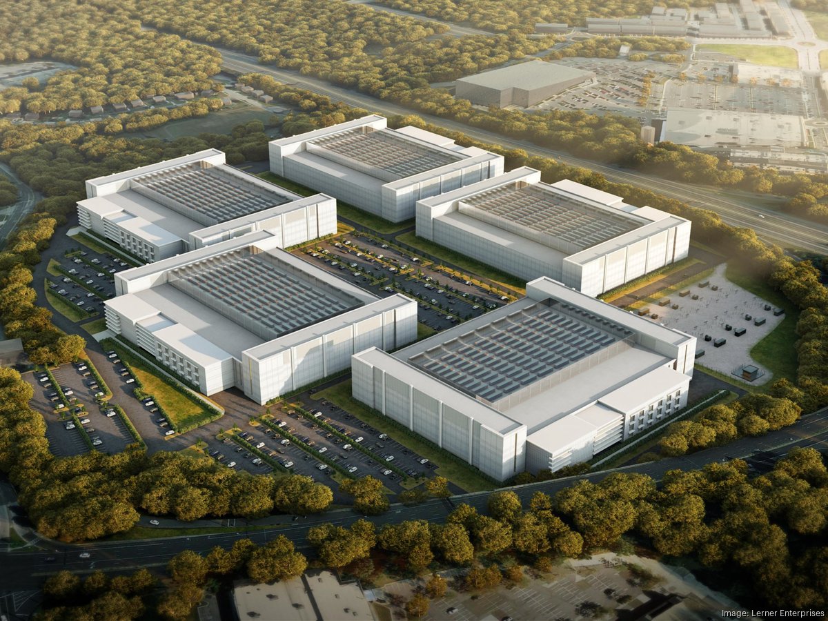 Concept aerial visualization of five white data center buildings planned at former Landover Mall by Lerner Enterprises