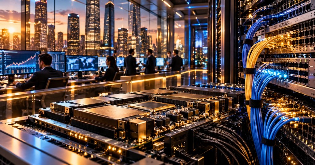 Original editorial photo-style illustration of AI accelerator equipment and a financial trading room