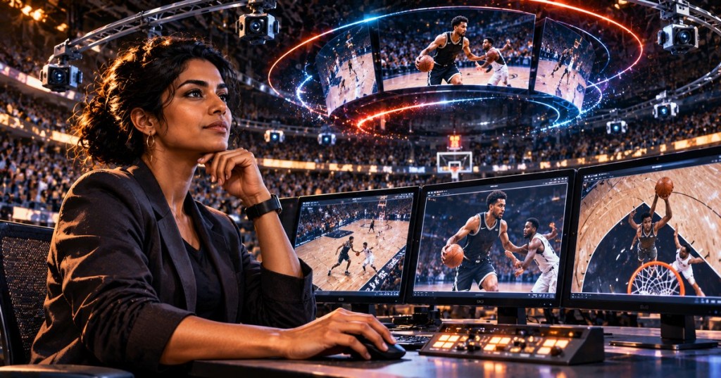 Editorial photo-anime hybrid illustration of a South Asian woman video-replay engineer monitoring basketball feeds above an arena