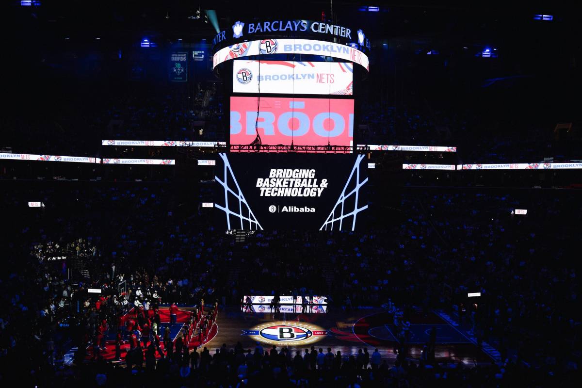Barclays Center jumbotron showing Brooklyn Nets and Alibaba on opening night
