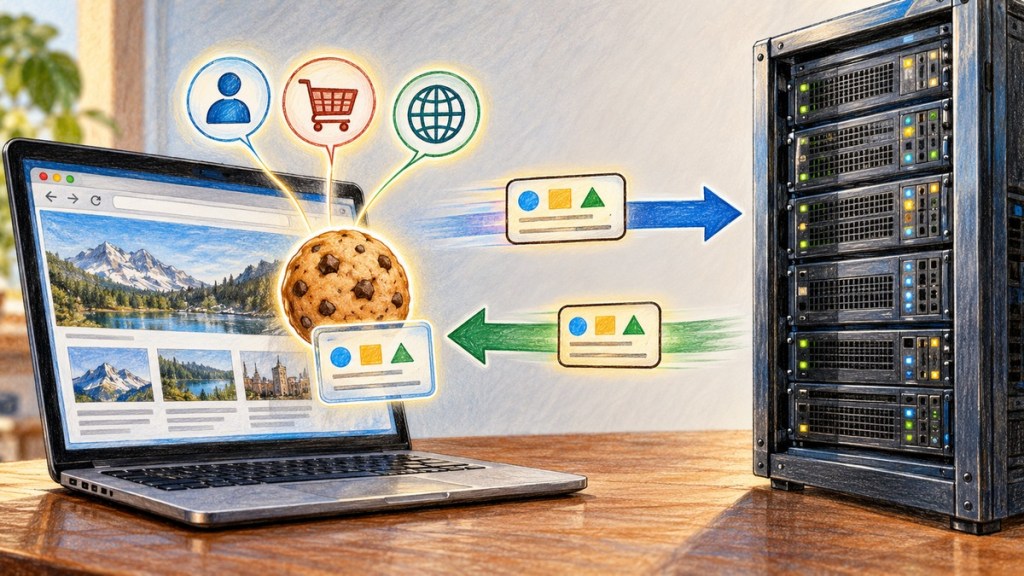 Colored-pencil illustration showing a browser and web server exchanging cookie data used for sessions, carts and preferences.