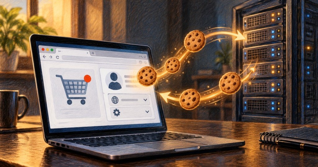 Colored-pencil editorial illustration of a laptop browser exchanging cookie data with a server rack.