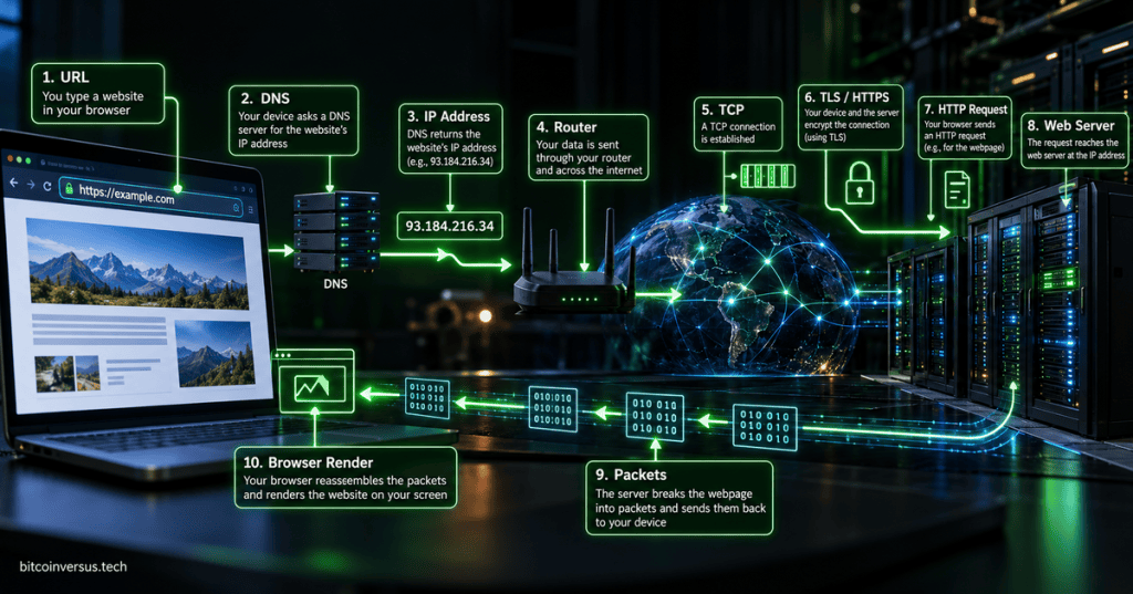 A laptop, DNS server, router, internet globe, and web servers connected by neon data paths showing the journey from a typed URL to a rendered web page.