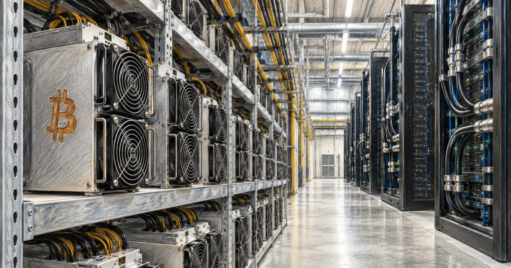 Conceptual colored-pencil illustration of Bitcoin ASIC miners beside liquid-cooled AI server racks in a data center.
