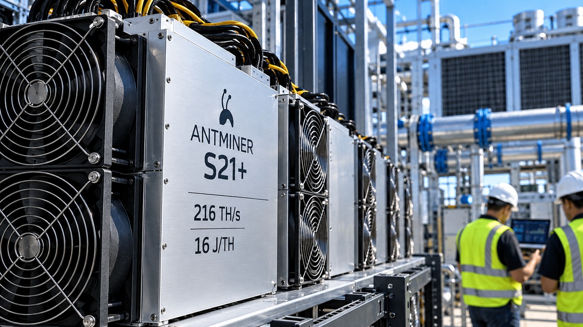 Rows of industrial Bitcoin mining ASICs with technicians monitoring the fleet, illustrating the physical hardware that rented hashrate can temporarily substitute for during delivery and setup.
