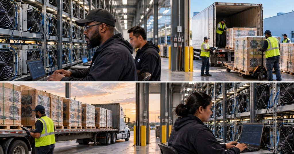 Bitcoin mining technicians operate ASIC racks while shipping crews unload palletized mining hardware, illustrating rented hashrate bridging physical delivery delays.
