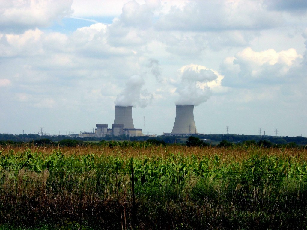 Cooling towers at Byron Nuclear Generating Station beyond an Illinois field
