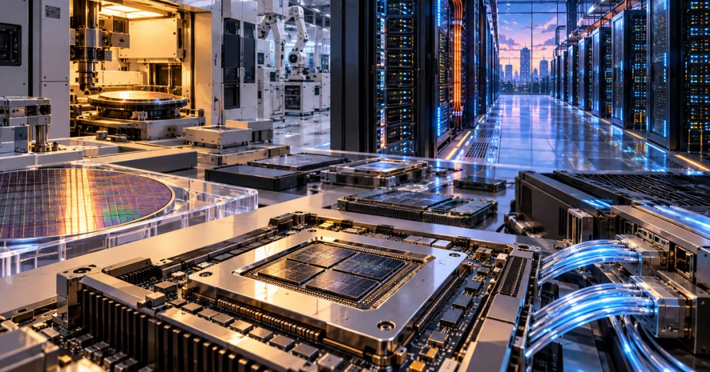 Anime-style semiconductor and AI data-center scene with wafer tools, accelerator hardware, racks and fiber interconnects.