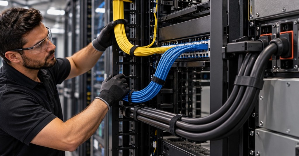 Technician arranging fiber, Ethernet, and power cables with smooth bends inside a modern data center rack.