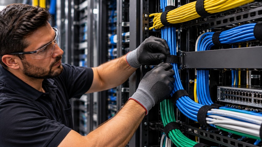 Technician securing blue and yellow network cables with hook-and-loop straps inside a server rack.