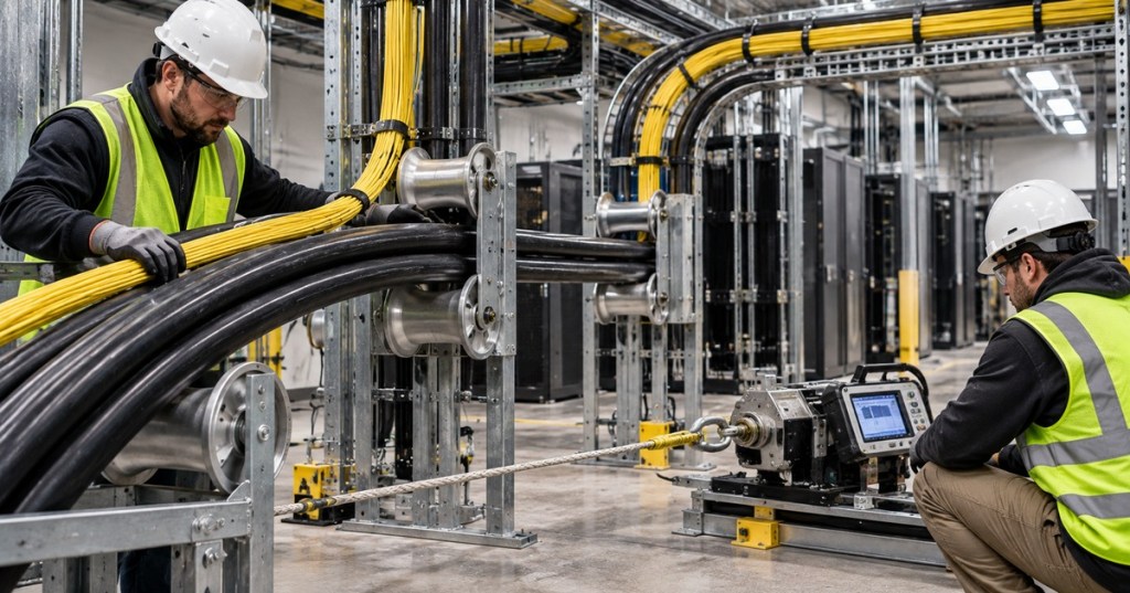 Technicians monitor a cable pull through large rollers in a modern industrial data center while guiding communication and power cables.