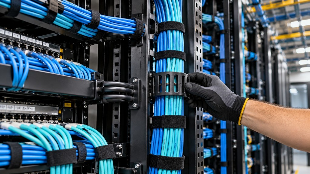 Close-up of a technician supporting blue and aqua network cables with Velcro straps and rack cable-management hardware.