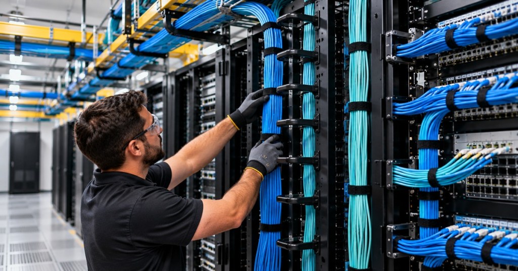 Data center technician securing blue and aqua cable bundles in vertical rack cable managers with hook-and-loop support.