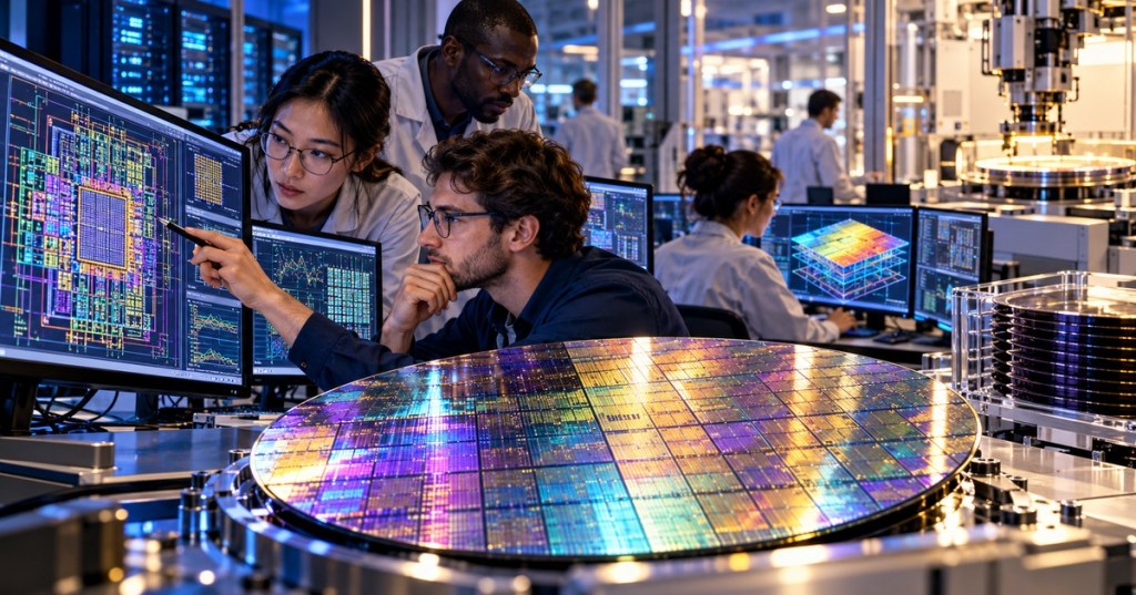 Original conceptual editorial illustration of semiconductor engineers studying AI-assisted chip layouts in a research laboratory; not a photograph of a Cadence facility