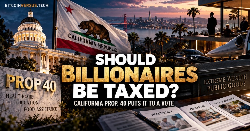 Realistic editorial cover showing the California Capitol, California flag, Bay Area skyline, luxury assets, and public-service imagery for the billionaire tax debate.