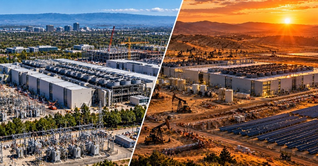 Conceptual editorial diptych of California data centers and industrial power infrastructure, not photographs of actual projects
