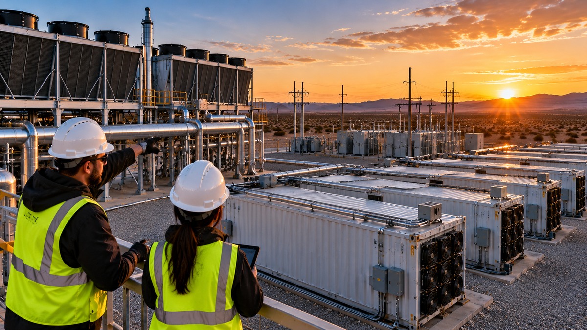 Technicians review an outdoor Bitcoin mining facility with modular containers, cooling equipment and electrical infrastructure at sunset.
