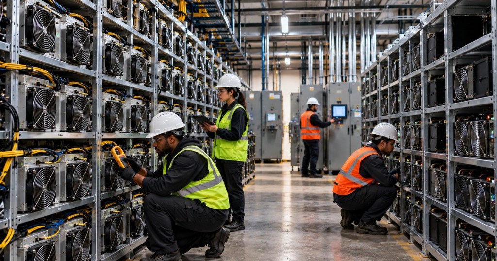 Bitcoin mining technicians inspect air-cooled ASIC miners, with one side of the fleet active and another partly powered down to illustrate how efficiency affects uptime.