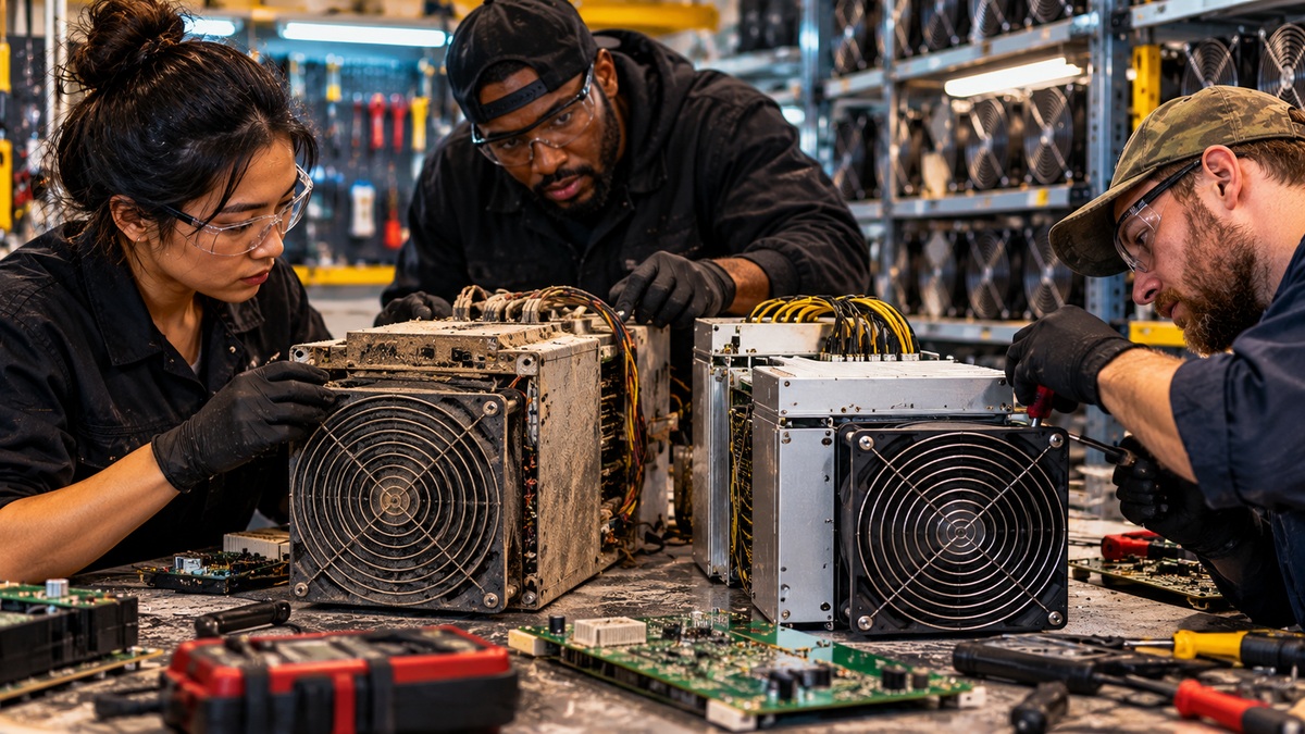 Diverse technicians compare and repair an older dusty Bitcoin mining ASIC beside a cleaner newer-generation machine on a repair bench.