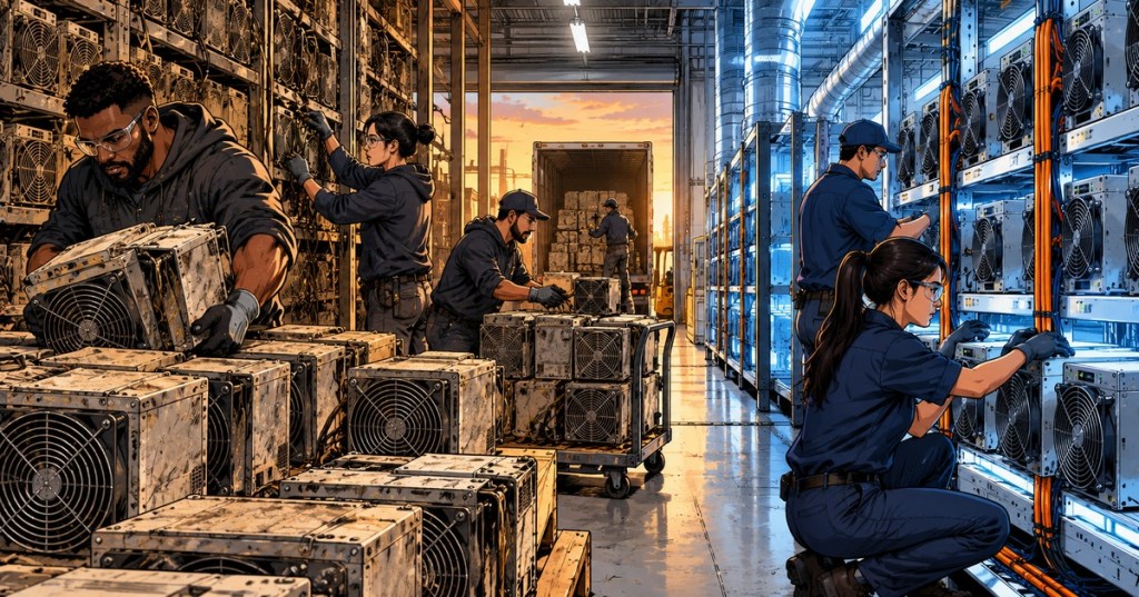 Wordless graphic-novel illustration showing technicians retiring older dusty Bitcoin mining ASICs while installing cleaner newer-generation machines.