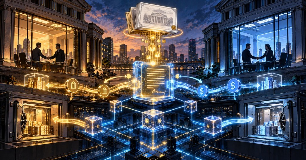 Anime editorial illustration showing two institutional counterparties linked by a shared on-chain smart contract, with a tokenized bond index feeding valuation data into the trade lifecycle.