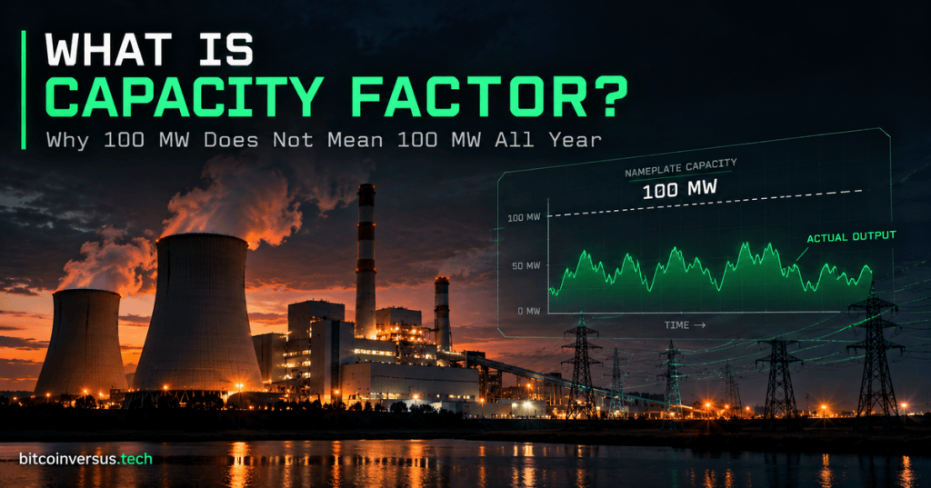 Realistic power plant at dusk with a neon-green chart comparing 100 MW nameplate capacity with changing actual output over time.