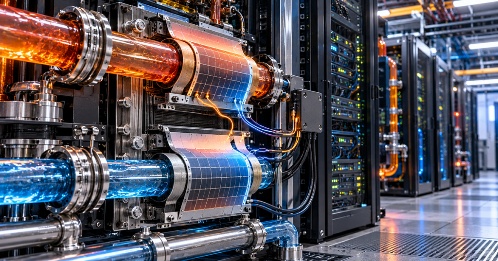 Illustration of thermoelectric energy-harvesting panels wrapped around hot and cold liquid-cooling pipes inside a data center.