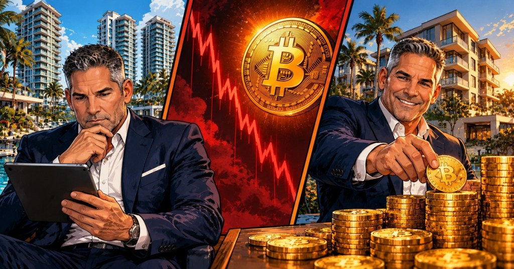 Three-panel editorial comic depicting a businessman, falling Bitcoin market prices and a real-estate-funded Bitcoin purchase